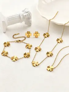 Gold Plated Stainless Steel Four-Leaf Clover Vintage Jewelry Set, Delicate Textured Clover Necklace, Bracelet and Earrings