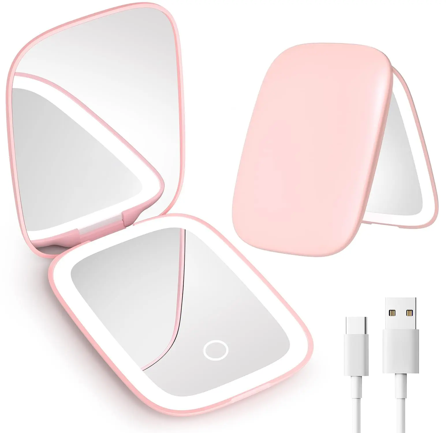 Compact Mirror with Light, 1X/3X Magnification LED Travel Pocket Makeup Mirror with 3 Color Modes, Rechargeable and Dimmable, Portable Lighted Mirror for Women – Pink