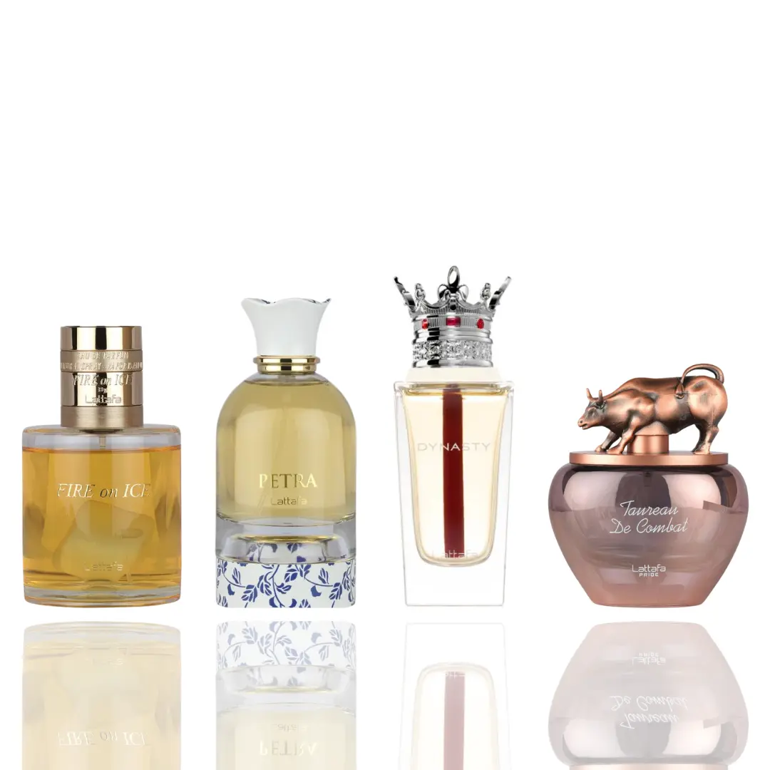 Lattafa Unisex 4-Pack EDP Variety Bundle - 100 ml Bottles (Fire on Ice, DYNASTY, Petra, Taureau De Combat) - Aromatic, Elevated, Floral, Fruit-Based, Oud Unisex Fragrances with Spice & Wood, Floral Citrus Blends, Aromatic Unisex Fragrance, Elevated Unisex