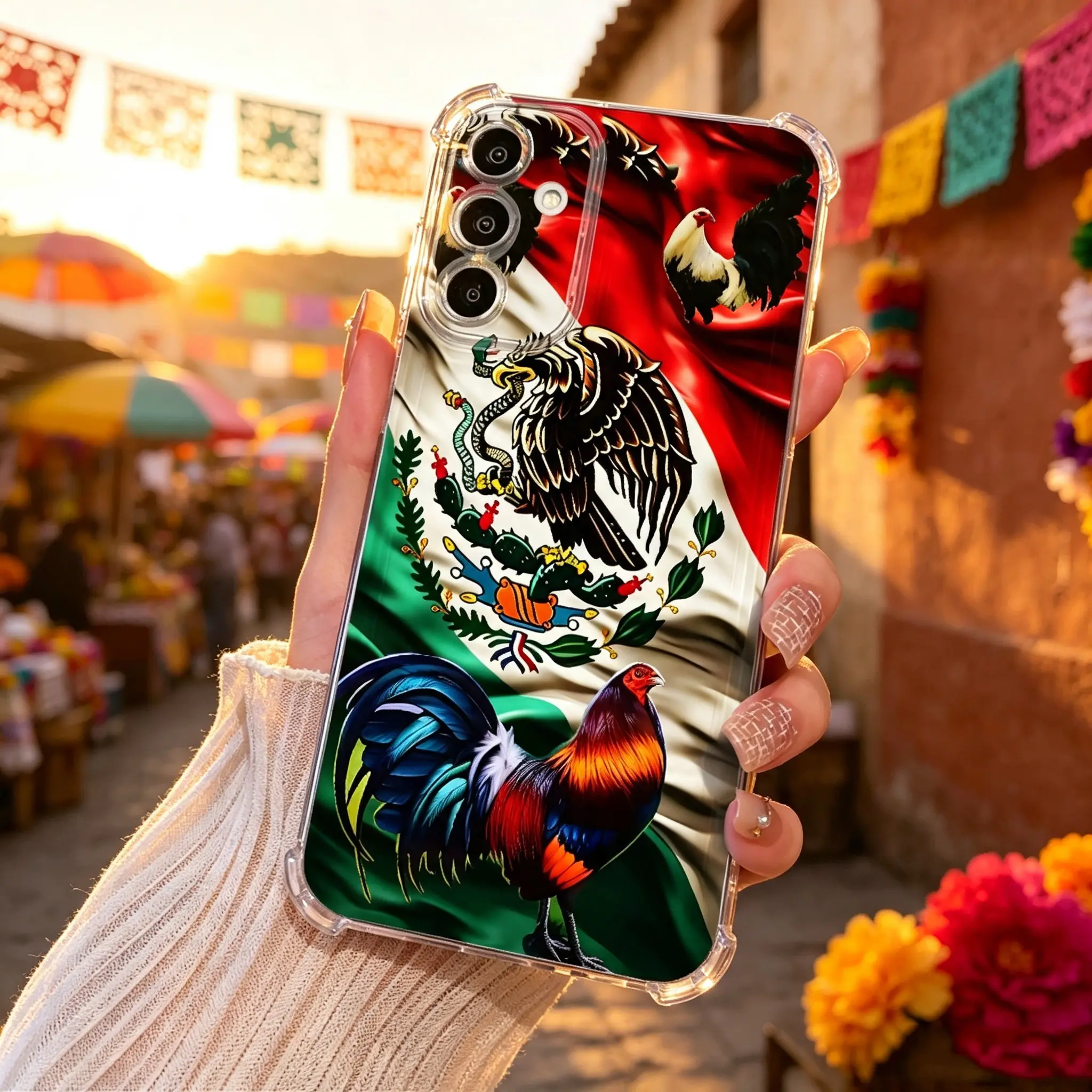 Mexico Flag pattern 3D satin-textured eagle and rooster design Aesthetic TPU Casing For SAMSUNG GALAXY A26A34A35A36A53A54A55A56 IPHONE 17 Four Corners Transparent Soft Silicone TPU Gift Shockproof Anti-Drop Phone Cases Shell Cover L1764