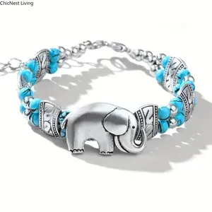Vintage Bohemian Handcrafted Retro Elephant Charm Bracelet with Turquoise Accents for Women, Ideal for Daily Wear and Gift men luck unisex hypoallergenic fashion jewelry gift casual trendy