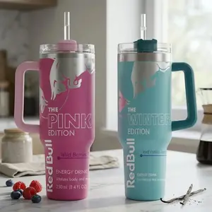 [MADE IN US] Bull Pink, Blue & White Edition 40oz Stainless Steel Tumbler With Handle and Straw, Double Wall Vacuum Insulated Travel Mug