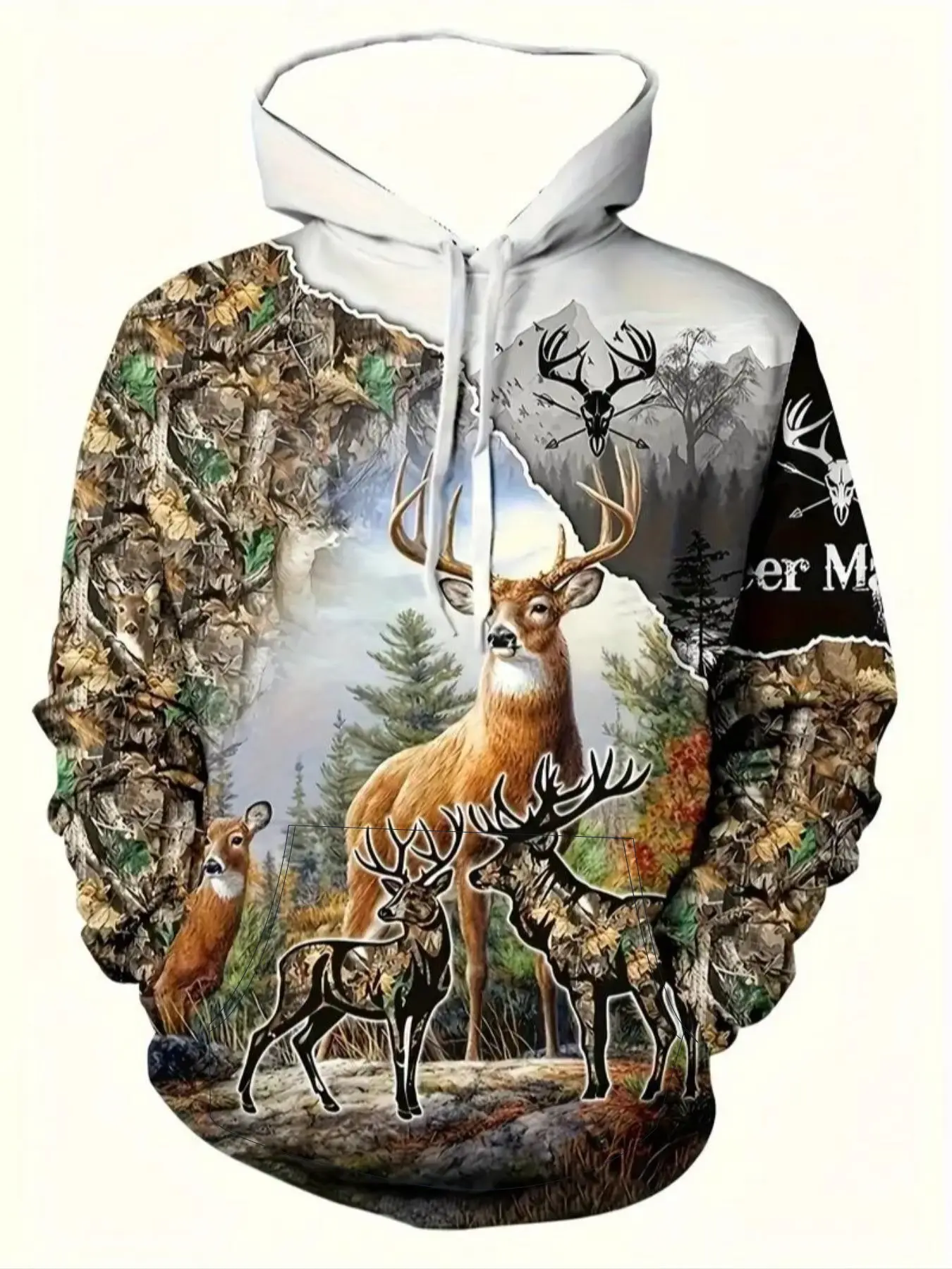Men's Deer Forest Graphic Print Hoodie, Casual Long Sleeve Polyester Pullover with Pocket, Fitted Design for Spring & Fall Outdoor Sports, Casual Sweatshirt, Casual Streetwear Pullover