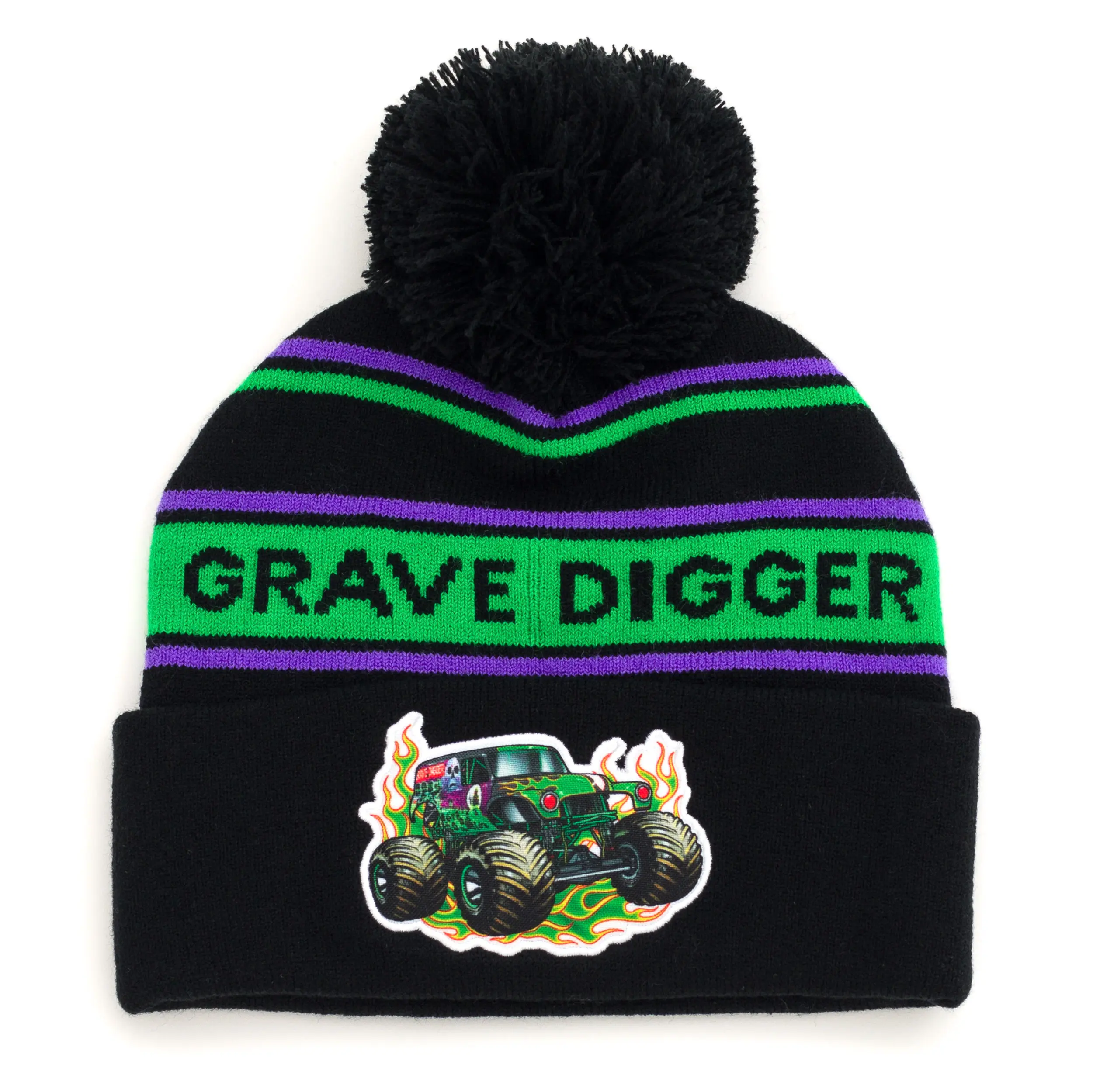 Monster Jam Matching Family Knit Beanie Hat - Adult Size, Knit Fabric, Photoreal Sublimated Applique Patch, Pom Pom Top, Acrylic, Striped Bands, Classic Fold-Over Roll-Up Cuff, for Coordinating Family Photos & Christmas Surprises