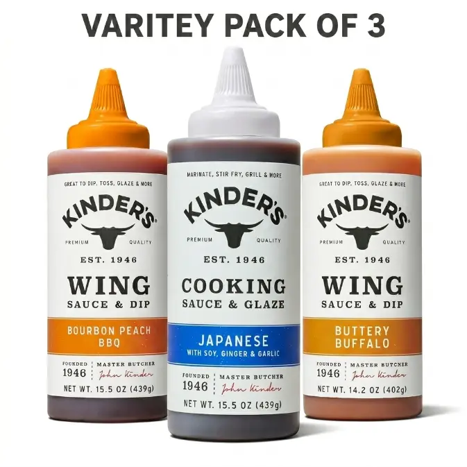 Variety Pack of 3 Kinders Sauces, Buttery Buffalo Wing Sauce 14.2 oz, Japanese BBQ Sauce 15.5 oz & Bourbon Peach BBQ 15.5 oz
