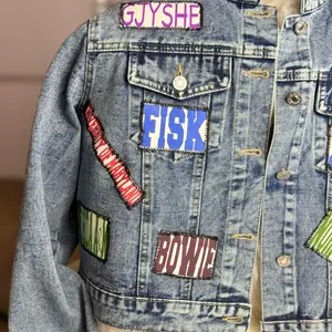 denim jacket with handmade patches and stitched Coats Personalized Customized Long Sleeve Blue Casual