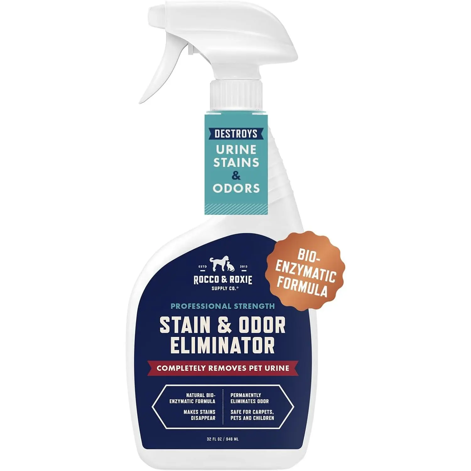 Rocco & Roxie Enzyme Stain & Odor Eliminator, 32 Fl Oz | Bio-enzymatic urine destroyer; CRI Certified Safe; made in USA; for carpets, bedding, litter boxes, crates & cars