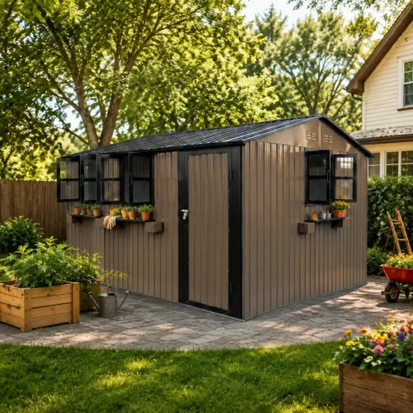 [Bellemave]12x10 FT Outdoor Metal Storage Shed with 3 Clear Windows & Decorative Flower Rack, Lockable Single Door Tool Shed, Heavy Duty Waterproof Weatherproof Garden Shed for Backyard Patio Yard, Brown Black