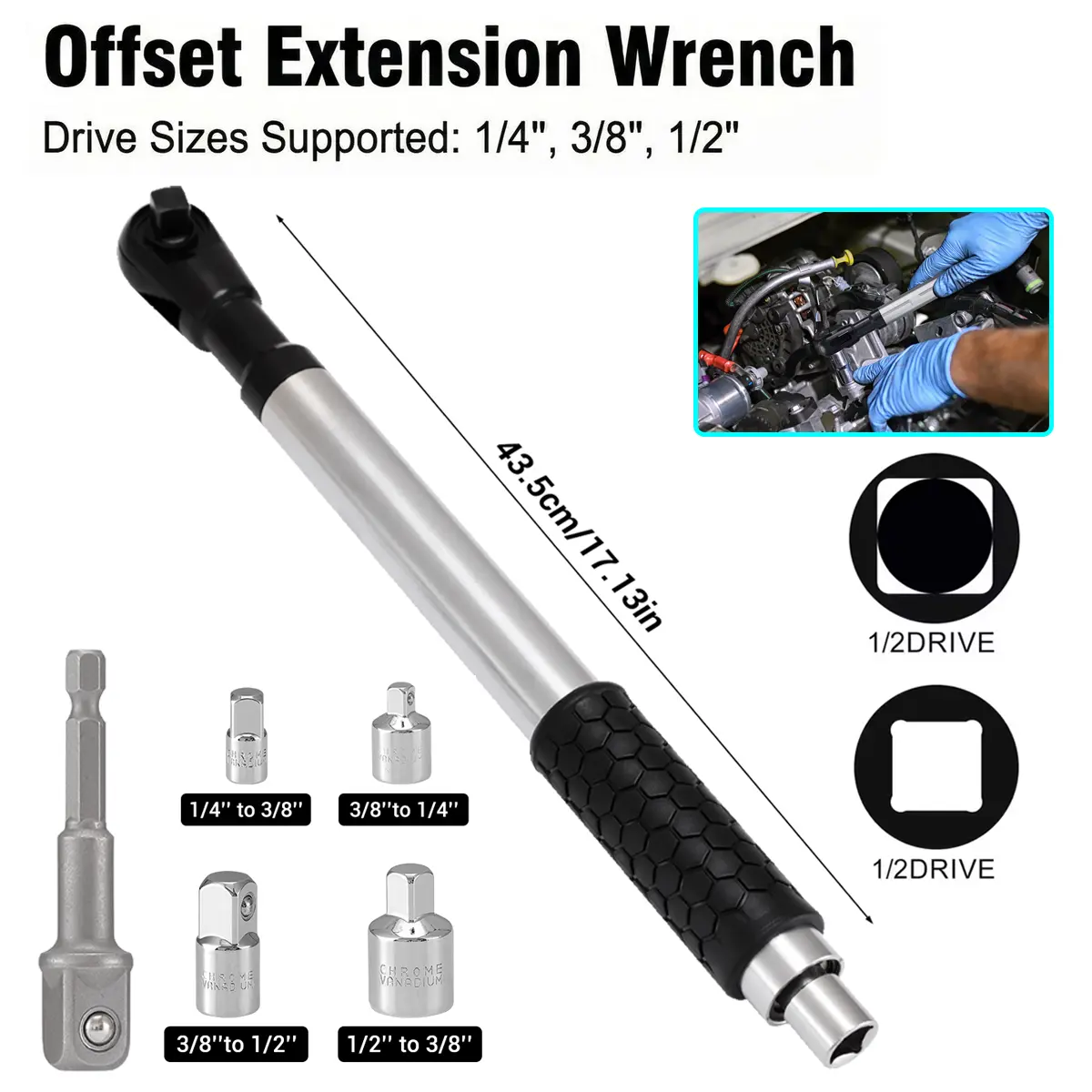 1/2" Offset Extension Ratchet Torque Wrench, Chrome-Vanadium Steel Heavy-Duty Impact Extender for Electric Drill with 3 Socket Adapters, Cordless Variable Speed Kit, Ratchet Torque Wrenches, Tools For Mechanics, Offset Extension Wrench
