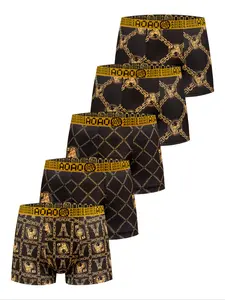 5 pcs black gold printed mid waist flat angle underwear, Soft, breathable - elastic sports shorts, Suitable for daily wear and running exercise, Men's four cornered underwear, Stretchy Boxer Briefs