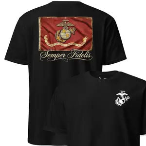 Semper Fidelis USMC T-Shirt, Gray Marine Corps Flag Graphic Tee, Front Back Print Military Veteran Shirt, Patriotic Gift for Marines