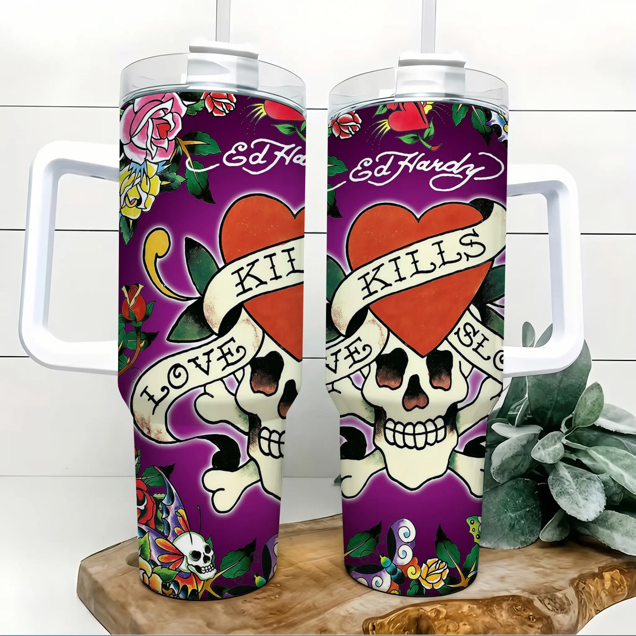 Ed Hardy Love Kills Slowly 40oz Insulated Travel Tumbler Stainless Steel Mug with Handle and Straw Leak Proof Vacuum Thermal Cup Keeps Drinks Hot 12H Cold 24H Fan Gift Y2K Tattoo Art Streetwear Graphic Large Water Bottle Reusable Mug Retro 2026