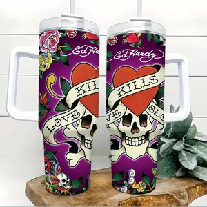 Ed Hardy Love Kills Slowly 40oz Insulated Travel Tumbler Stainless Steel Mug with Handle and Straw Leak Proof Vacuum Thermal Cup Keeps Drinks Hot 12H Cold 24H Fan Gift Y2K Tattoo Art Streetwear Graphic Large Water Bottle Reusable Mug Retro 2026