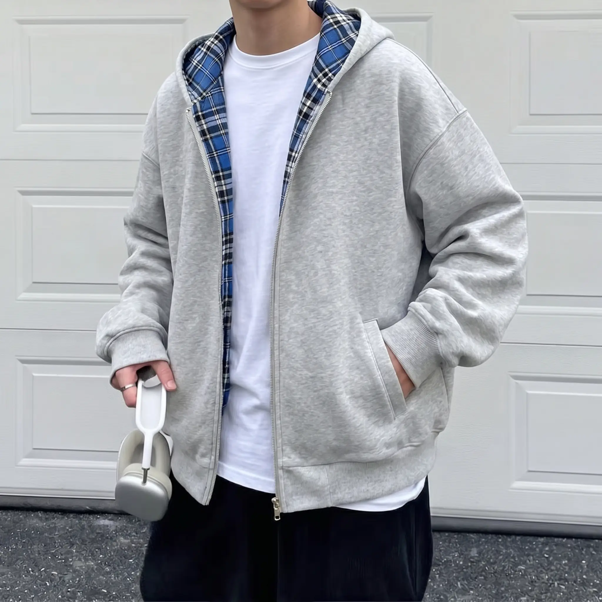 Unisex basic, versatile zip-up hoodie sweatshirt, plaid design, soft cotton blend fabric, loose fit, reversible with zipper closure, kangaroo pocket, casual outerwear, suitable for everyday work, outdoor activities, and all occasions.