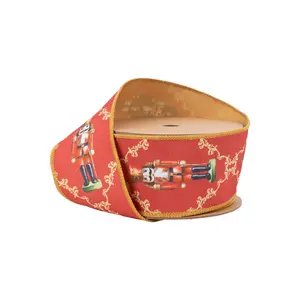 2 1/2" Wired Reversible Dupioni | Nutcracker with Diamond Pattern on Red | 10 Yard Roll