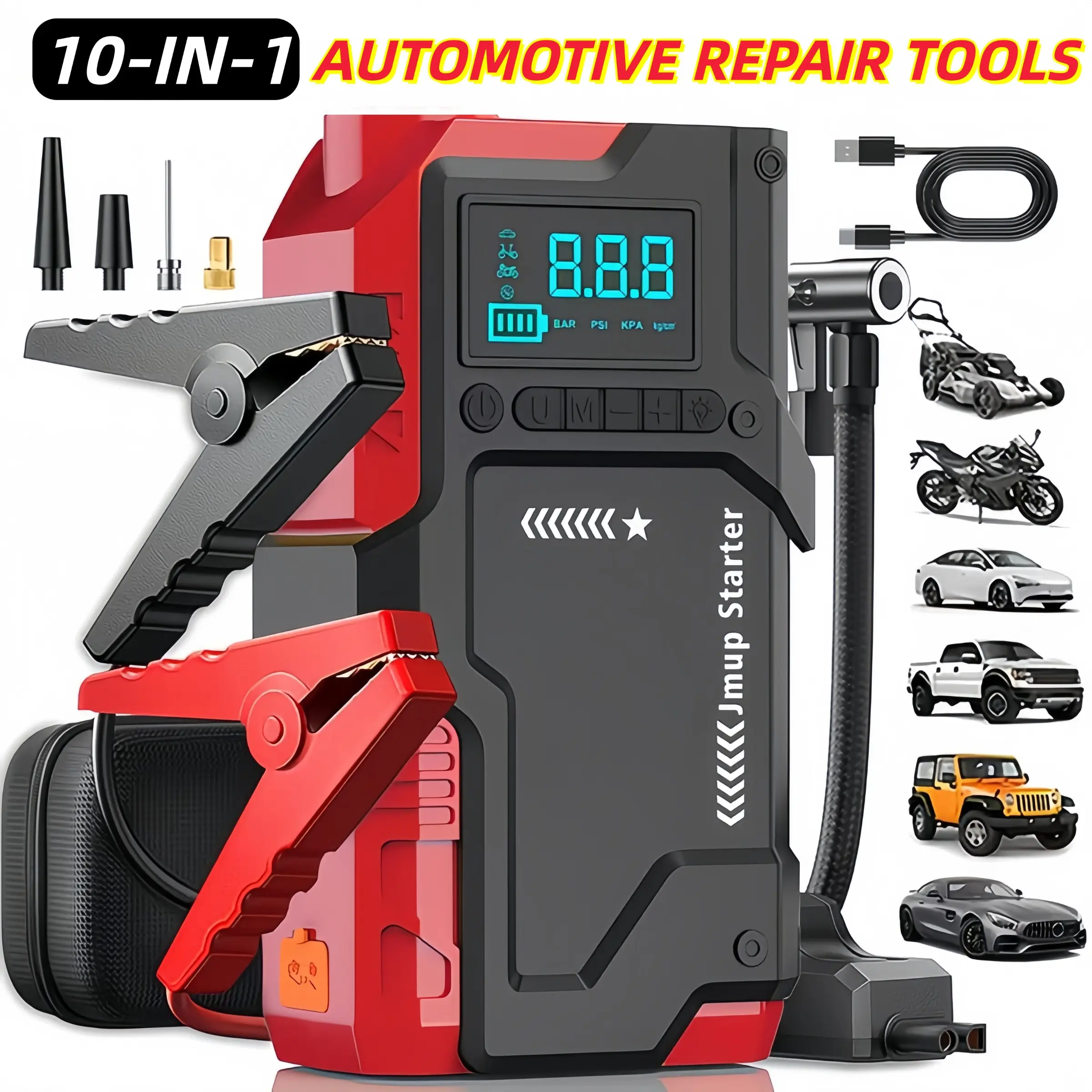 Multi-functional car emergency starter, 2-in-1 car repair kit (180 psi air compressor and 8000A car start power supply), 12V/24V wireless charger, equipped with smart alligator clip and inflation accessories, professional car emergency rescue tool, Autos