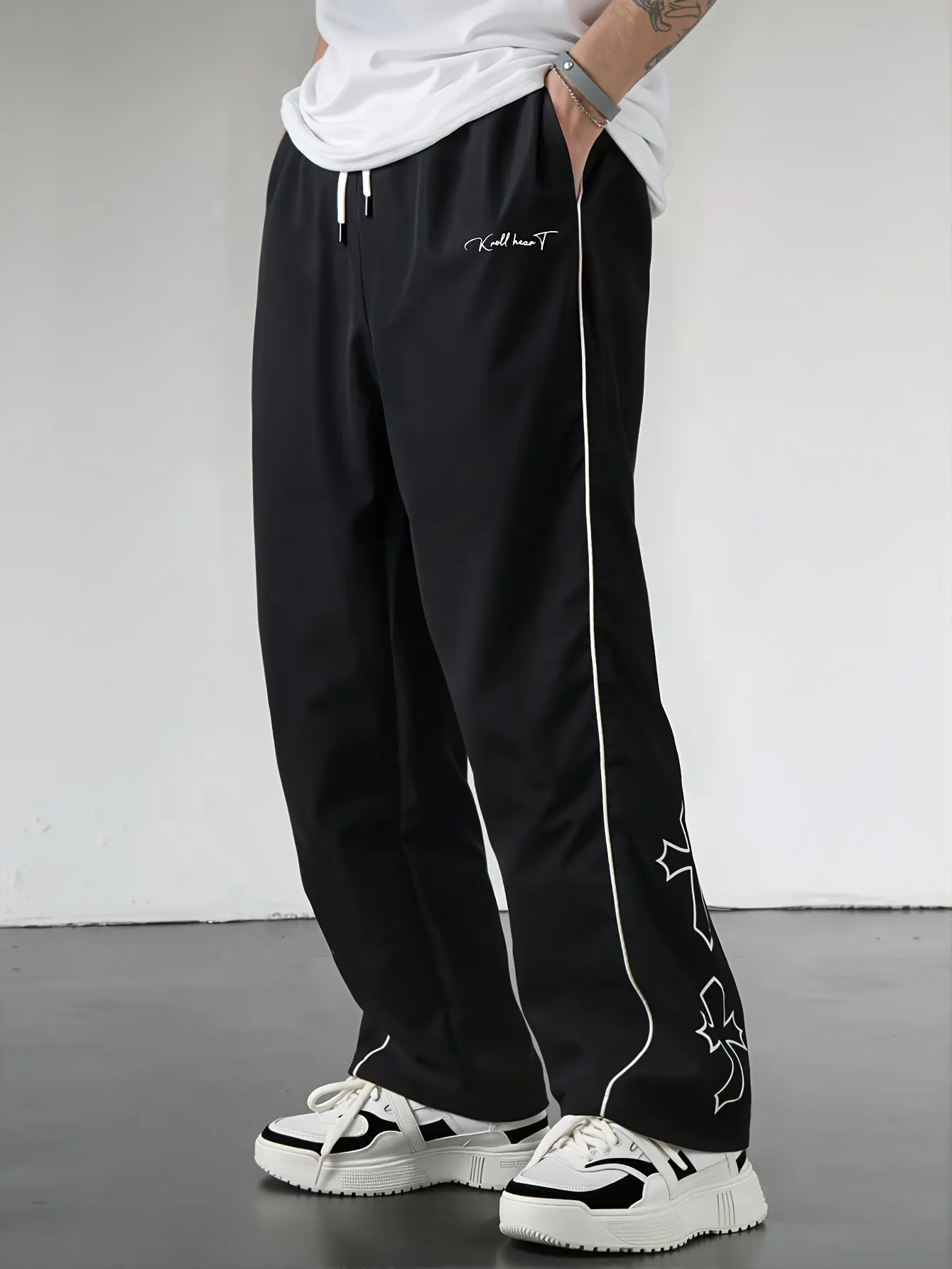Gamis Bestie Men's Black Athletic Pants with White Side Stripes & Embroidery Design Casual Gym Wear Sweatpants Tracksuit Sports Bottoms Athleisure Style Tracksuit Outfit Sweatpants Set Drawstring Straight Leg Workout Clothes