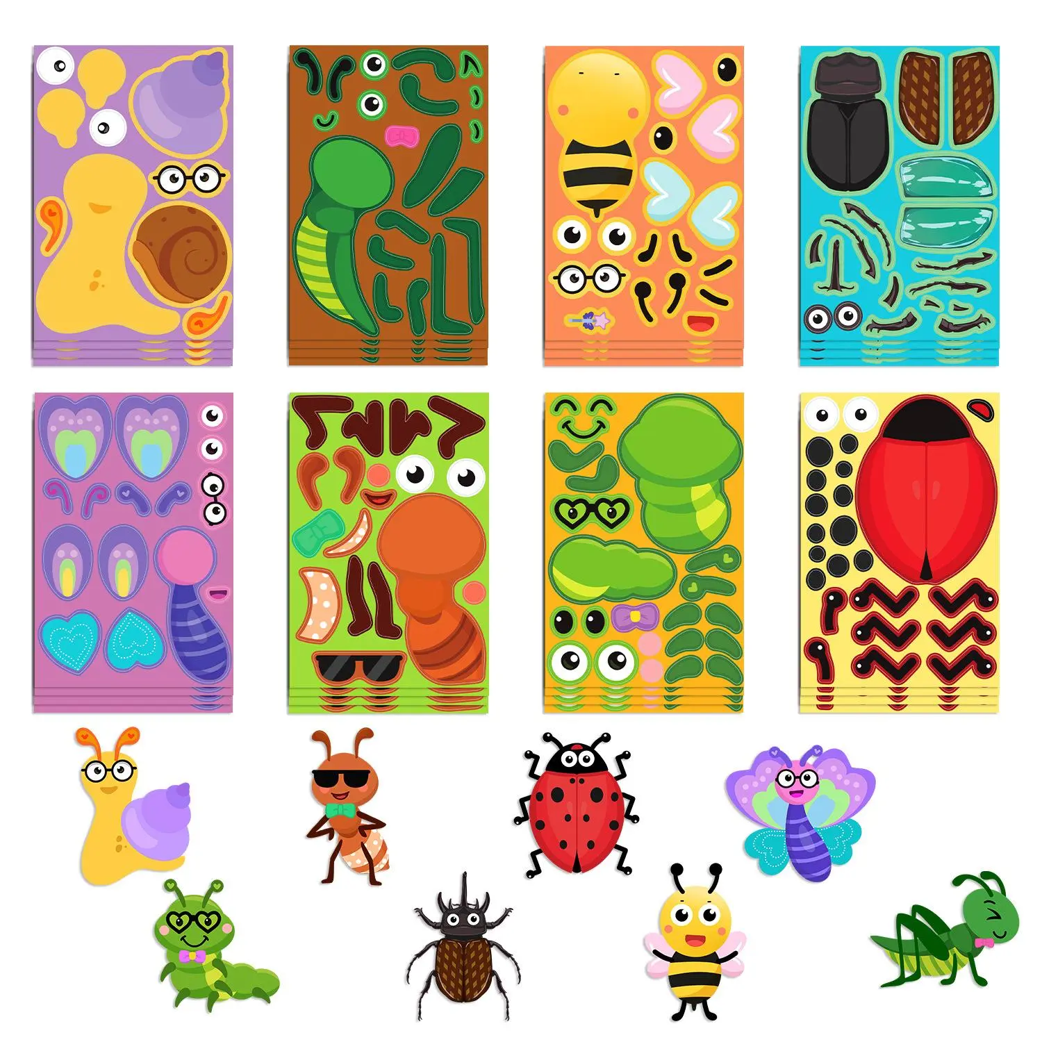 Insect Themed Sticker, 8 Counts/set DIY Make Your Own Bugs Sticker, Butterfly Beetle Bee Make a Face Sticker Game for School Rewards, Decor