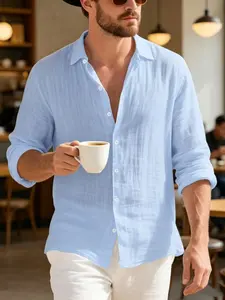 Spring Summer Men's Linen Hawaiian Style Loose Fit Long Sleeve Button Front Shirt, Classic Casual American Fashion, Comfortable and Stylish Top