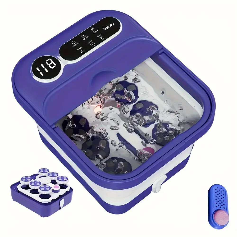 Collapsible Foot Cleaner Machine with Heat, Bubbles, and Temperature Control; Foot Bath Massager with XL Touchscreen and Massage Rollers; Foot Soaking Tub foot massager ; Pedicure Foot Spa for Stress Relief, Gift, Basin, Foldable, Plastic foot massager