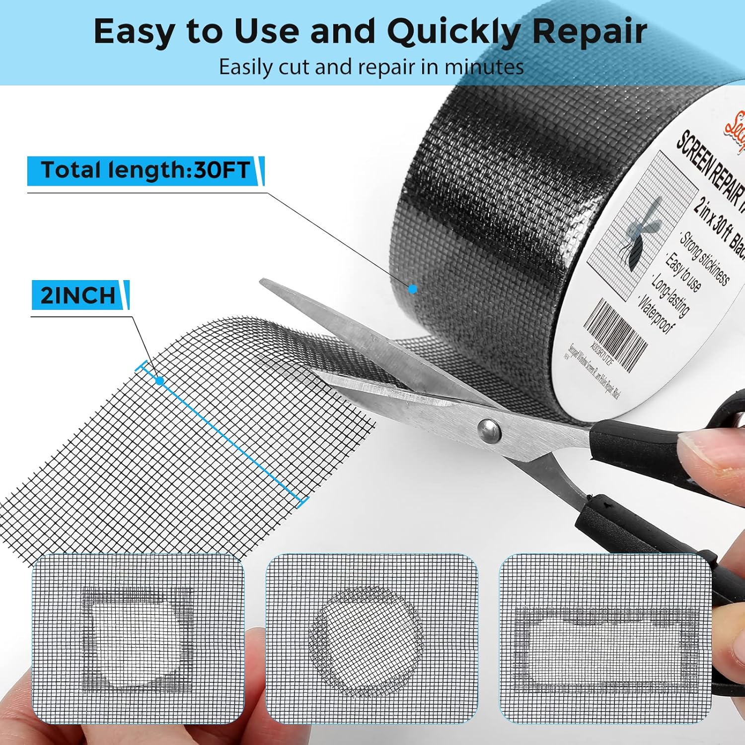 2in x 30FT Screen Repair Tape – Black Fiberglass Adhesive Mesh Patch for Window Door Screen Fix Kit