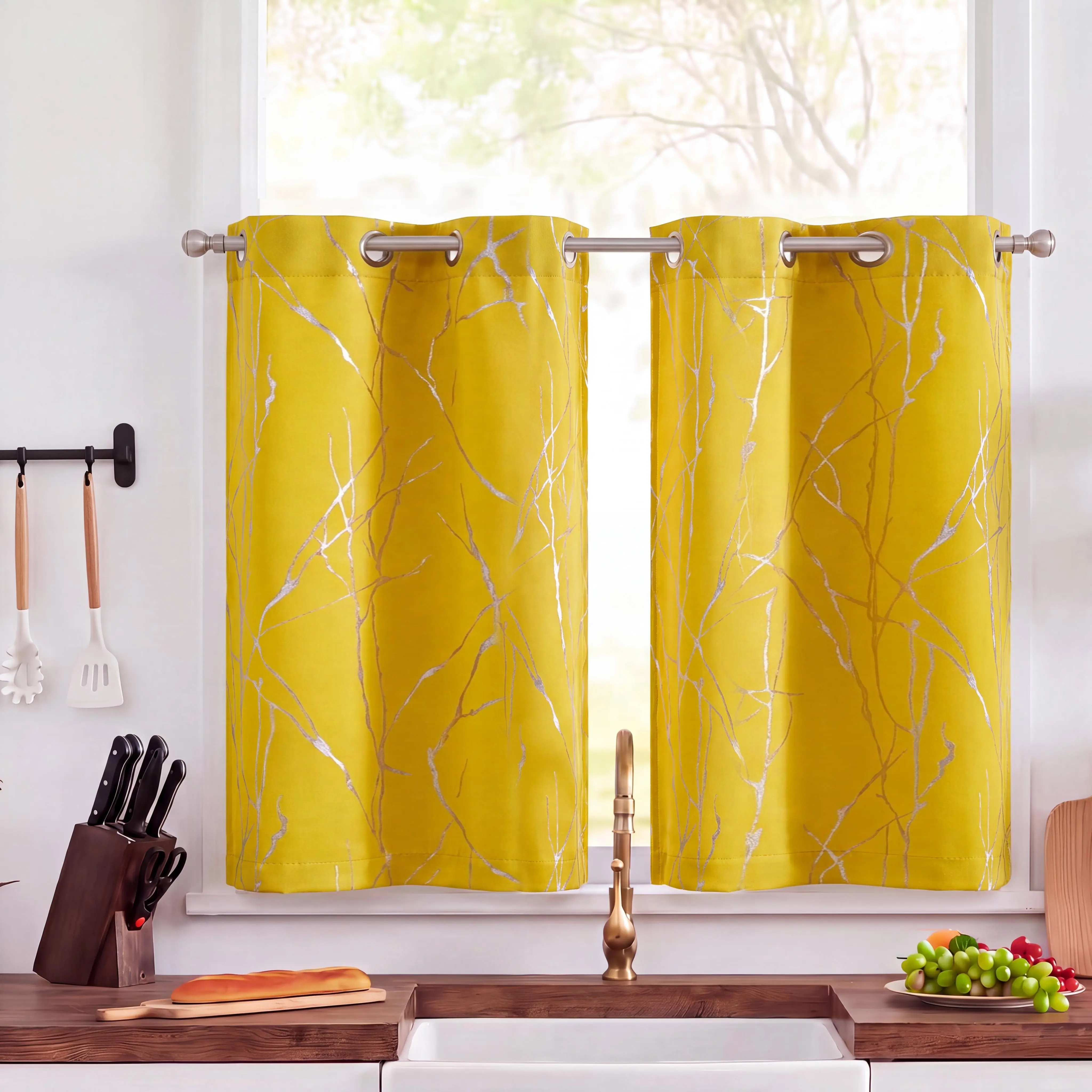 2 Pcs 26x36inch Branch-Printed Blackout Curtains, Thermal Insulated Rod Pocket Home Decoration Curtains, Cozy Household Textiles for Living Room, Bedroom FT24791, Home Decoration Curtain