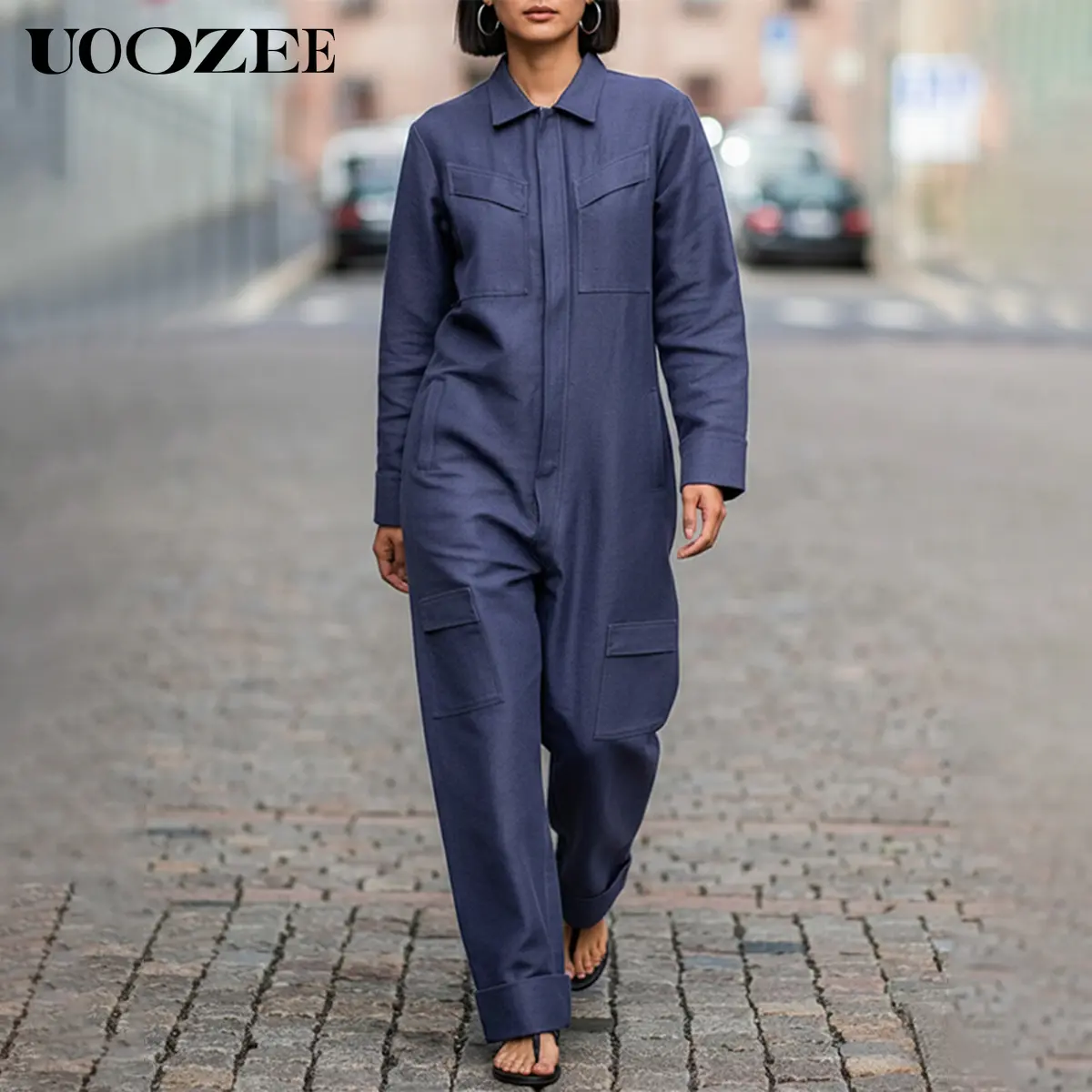 UOOZEE Women's Casual Long Sleeve Overalls, Minimalist Polyester Streetwear with Lapel Collar and Utility Pockets, Breathable, Lightweight, Loose Fitting, Collared, Plain, Baggy, Lady, Basic, Elastane, True Size, Zip Closure