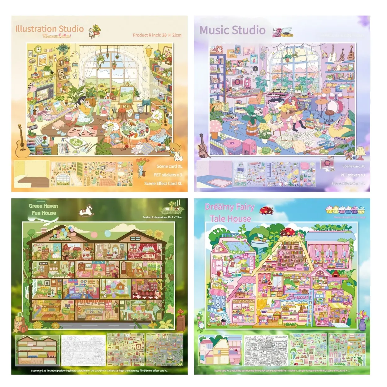 Free Tweezers – 4Pcs DIY 3D Scenery Stickers Set: Illustration Studio, Music Studio, Green Haven Fun House, Dreamy Fairy Tale House – Cute Cartoon Aesthetic Craft Supplies for Scrapbooking, Journaling, Party Favors & Decorative