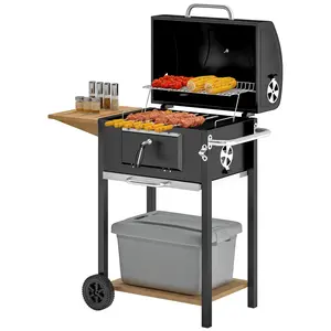 Outsunny Charcoal BBQ Grill, Outdoor Portable Barbecue Cooker with Side Table, Bottom Storage Shelf, Easy-to-Move Wheels and Handle, for Camping or Backyard Picnic, Black