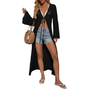 Saodimallsu Women's Black Crochet Beach Cover Up, Lightweight Knit Long Cardigan with Bell Sleeves and Tie Front, Black Beach Cover Up