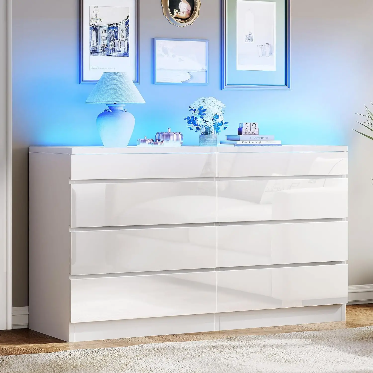 Yitahome 8 Drawers Dresser with LED, White Dresser, Modern 4/8 Chest of Drawers with Deep Drawers Tempered Glass Top High Gloss Surface, Divider Stora