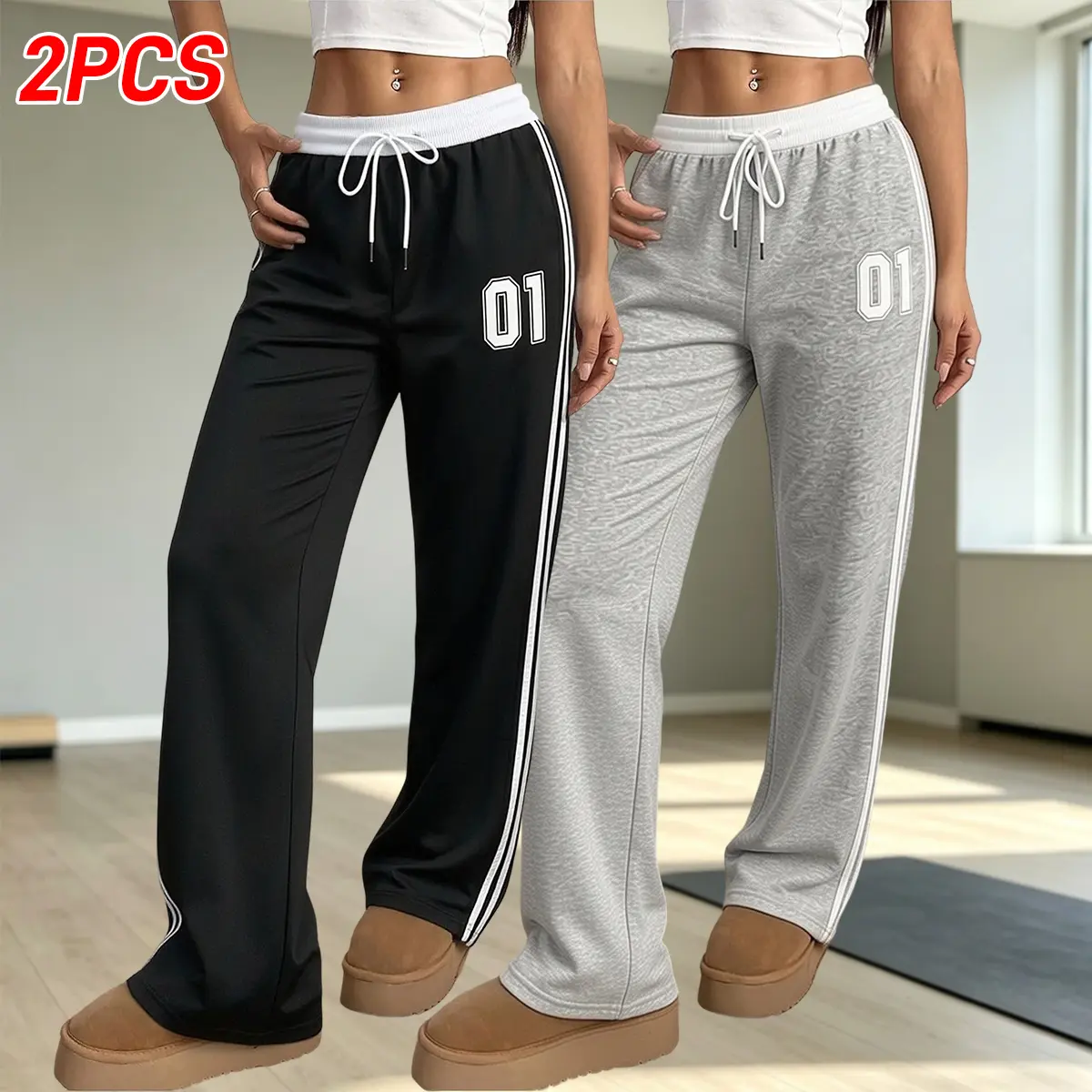 Women's Casual Athletic Polyester Long Pants (Pack of 2) - Soft, Breathable, Plain Look, All Seasons, White Drawstring Sweatpants with Side Stripes, Suitable for Everyday Wear, Back to School, Long Length
