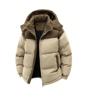1pc Men's Corduroy Patchwork Hooded Padded Coat, Suitable For Casual Everyday Wear, Winter Padded Coat jacket