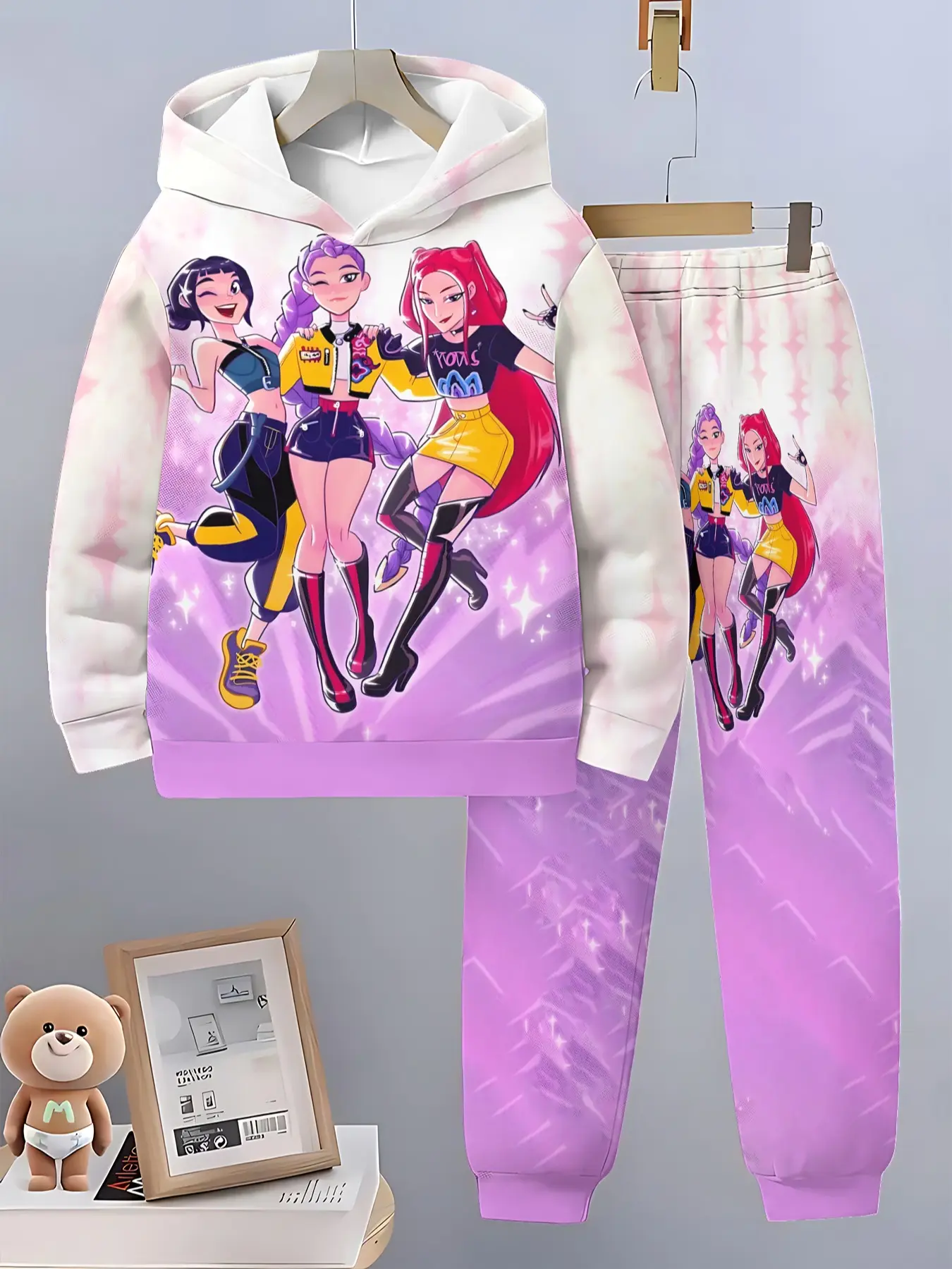 Girls' Fall Winter Two-Piece Set, Casual Long Pants & Cartoon Print Hoodie, Fashionable 3D Printed Sweatshirt, Outdoor Sportswear, Clothes Kids, Fine Girls Outfit, Clothing Sets