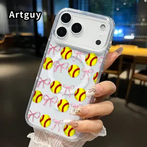 Pink Bow Ball Pattern Magnetic Phone Case for iPhone 17 16  Pro Max Plus 15 14 13 12 11 Air E Non-Yellowing Clear Crystal Drop-proof Slim Silicone Shockproof Transparent Acrylic Large Hole Cover Supports Wireless Charging