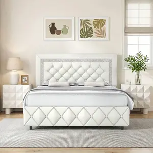 Upholstered Bed Frame, Modern Platform Bed Frame With Diamond Headboard And Footboard, No Boxing Spring Needed, Easy Assembly, Black/ Grey/ Pink/ Purple/ White/ Beige / Green, Twin/ Full/ Queen/ King