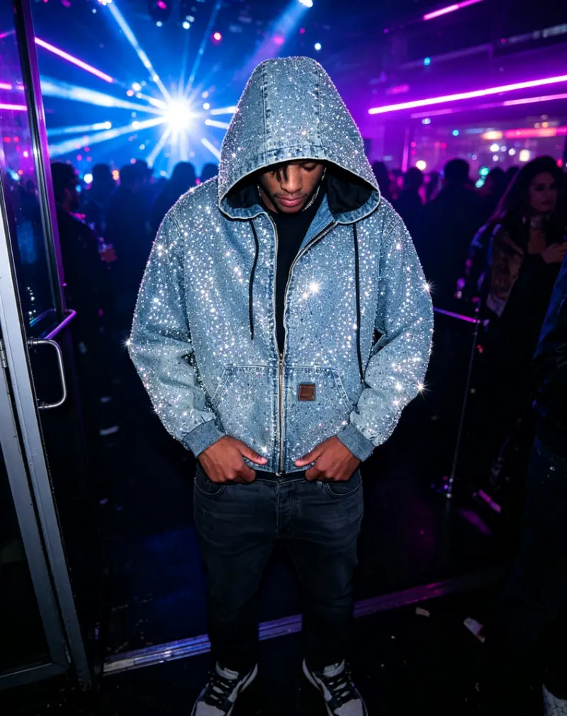 Rhinestone Zip Up Hooded Denim Jacket, Mens Sparkly Washed Jean Hoodie Coat, Y2K Streetwear Bling Outerwear for Concert Festival Nightclub Casual Daily Outfits style long sleeve cotton fleece