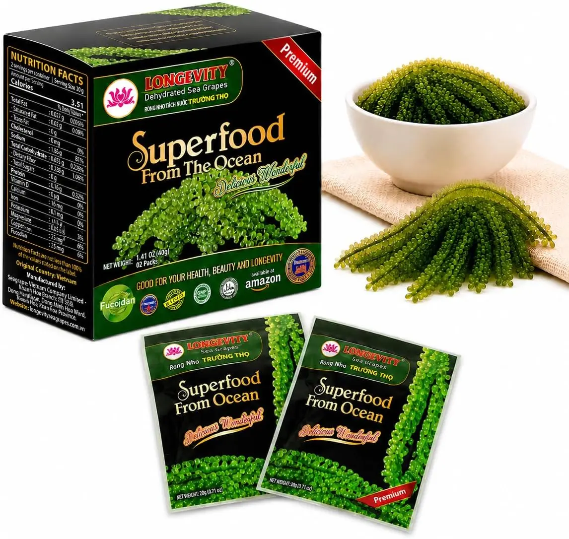 LONGEVITY Dehydrated Sea Grapes Lato 1.4oz, 2-Pack, Umibudo Seaweed Caviar | 100% Organic Sea Grapes, Crispy & Popping, Low-Calorie Snack, Vegan, Keto, Versatile Sushi & Salad Topping, Quick & Easy Prep
