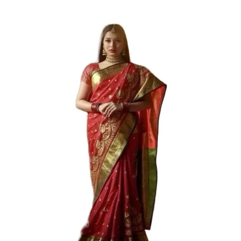 Women's Red Silk Saree - Modest, Elegant Bridal Women's Clothes with Traditional Gold Embroidery for Fashion, Accessories