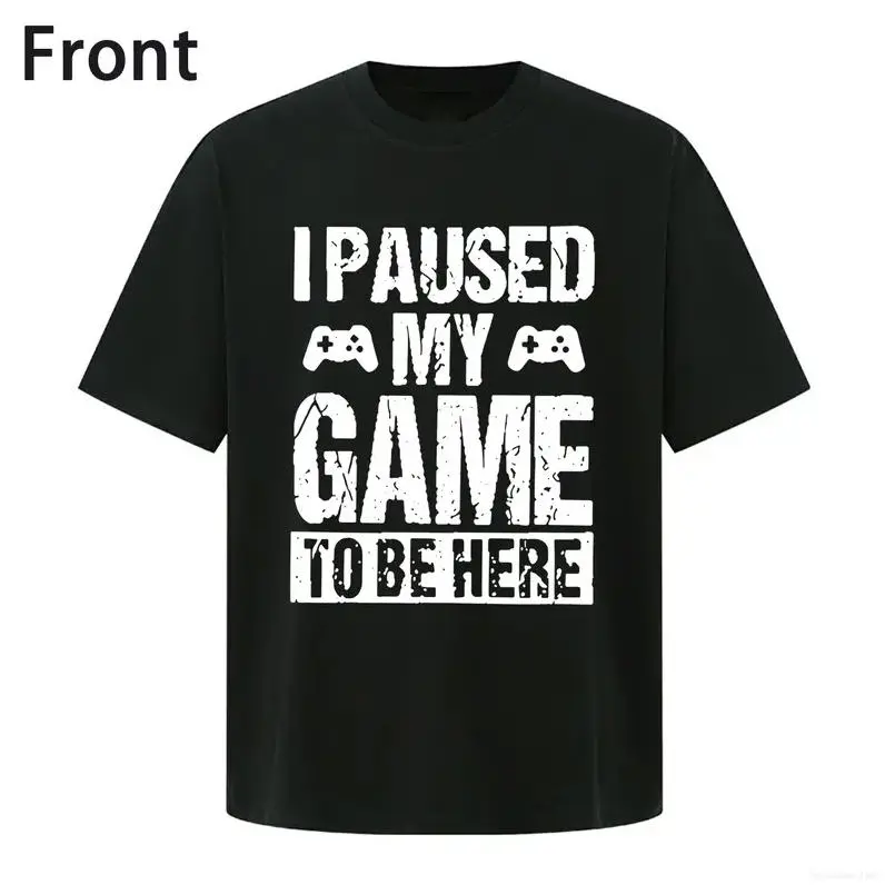 Menswear Streetwear Graphic T-Shirt, Stylish 100% Cotton Short Sleeve Round Neck Tee with "I Paused My Game" Print, Shortsleeve