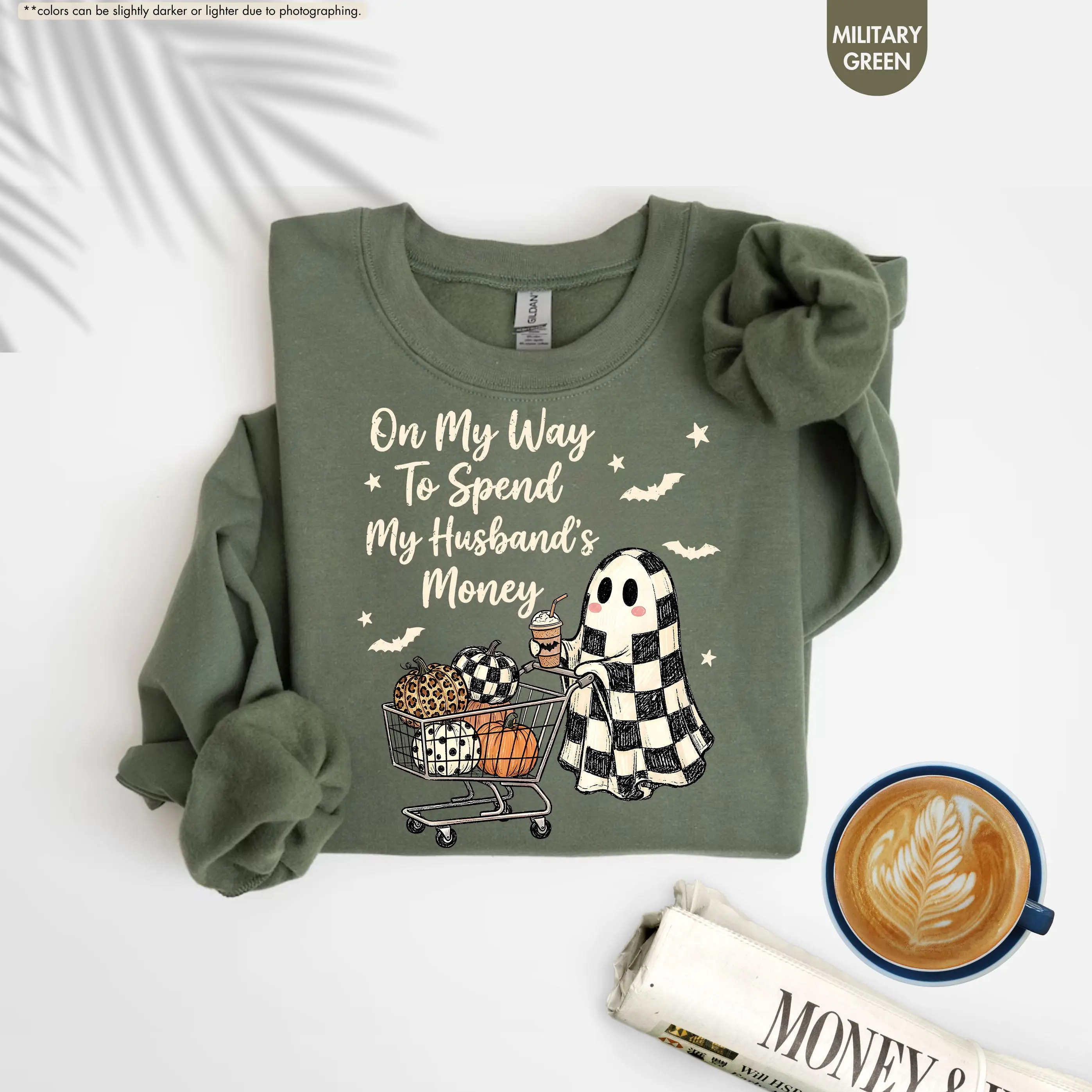 On My Way To Spend My Husband Money Graphic Sweatshirt, Funny Ghost Halloween Hoodie, Shopping Wife Crewneck, Spooky Fall Gift for Women & Men