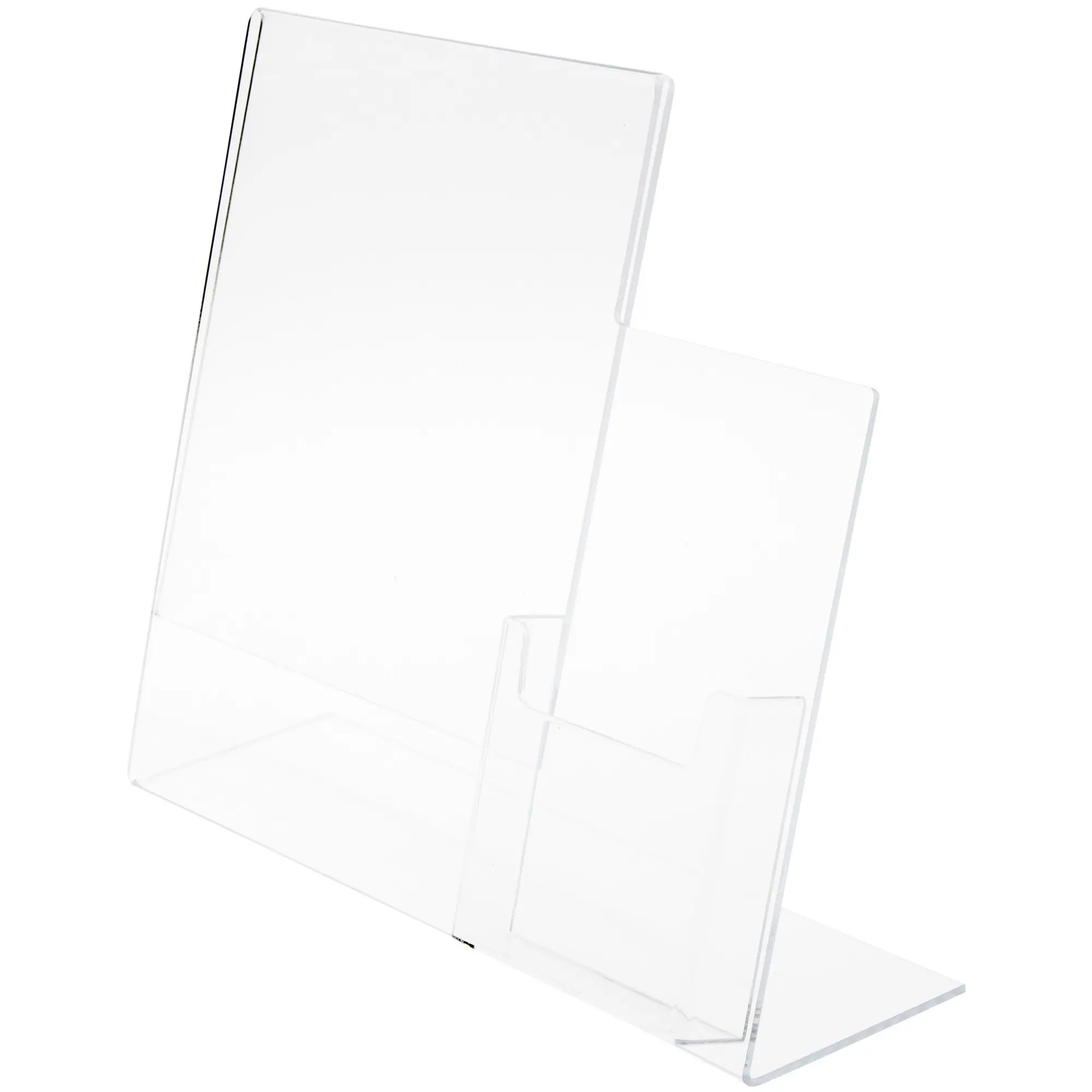 Plymor Clear Acrylic Slanted-Back Countertop Sign Holder with Tri-Fold Brochure Pocket on Right, 11" H x 13" W x 5" D