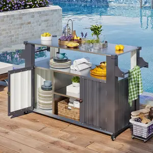 YODOLLA Outdoor Grill Table Cart with Storage Cabinet Weatherproof, Outdoor Kitchen Island, Grill Cabinet Cart with Storage, Outdoor Counter Prep Table with Storage in Dark Grey