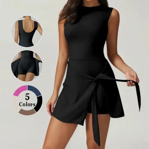 Kabuer Women's Fitted High-Stretch Knit Nylon Sleeveless Crew Neck Workout Dress - Quick Dry Athletic Dress, Ruffle Side Slit, Built-in Shorts, for Golf, Tennis, Spring Summer Women's Clothes