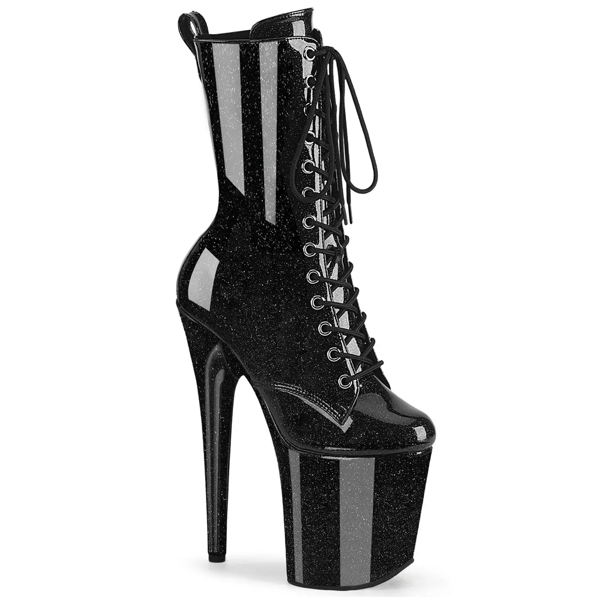 Black Glitter Platform Boots for Performers, 8-Inch Stiletto High Heel, Lace-Up Footwear with Side Zip