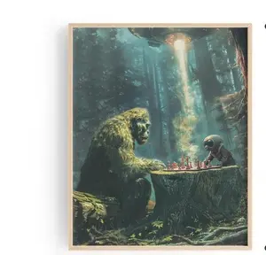 Vintage Bigfoot Sasquatch Print, Bigfoot play Chess poster, Rustic Outdoor Cabin Wall Art Decor, Gift for Him Birthday Fathers Day, Frameless Wood Wall Art Decoration Artistic