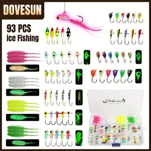DOVESUN Ice Fishing Jig Hook Set 93 PCS with Luminous Iron Plate Heads Soft Plastic Bait Carbon Steel Material Mixed Colors for Bass Crucian Carp Trout Includes Tackle Box Perfect Christmas Gift