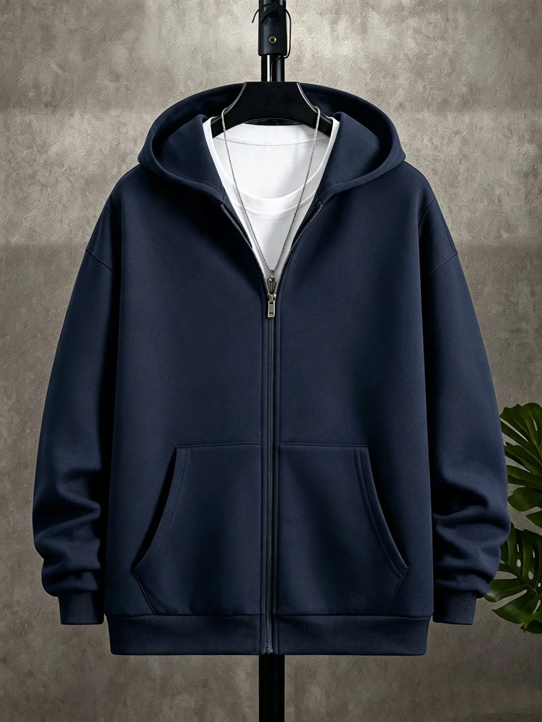Men’s casual lightweight zip-up hooded sweatshirt, navy blue, autumn, back-to-school holiday, long sleeve, fashionable minimalist versatile sports-style top Menswear Beige grey hoodie man