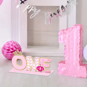 Princess One Letter Sign Table Wooden Centerpiece, Baby Royal First Birthday Party Decorations, Shining Crown for Toddlers