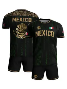 Mexico Soccer Jersey & Gold Aztec Design, Grit Son Sport Tee, All Season Fitted Regular Length, Natural Waist Track Shorts